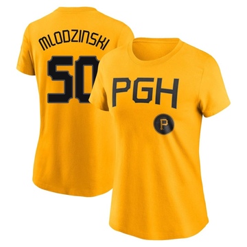 Women's Pittsburgh Pirates Carmen Mlodzinski ＃50 2023 City Connect Name & Number T-Shirt - Gold