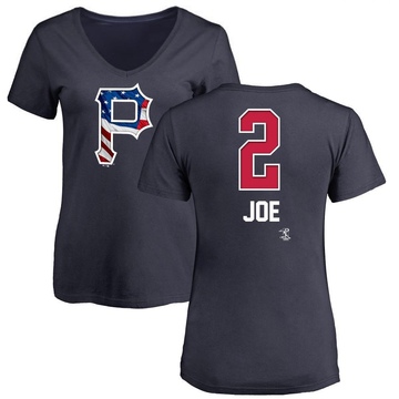 Women's Pittsburgh Pirates Connor Joe ＃2 Name and Number Banner Wave V-Neck T-Shirt - Navy