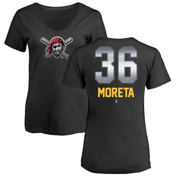 Women's Pittsburgh Pirates Dauri Moreta ＃36 Midnight Mascot V-Neck T-Shirt - Black