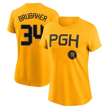 Women's Pittsburgh Pirates JT Brubaker ＃34 2023 City Connect Name & Number T-Shirt - Gold