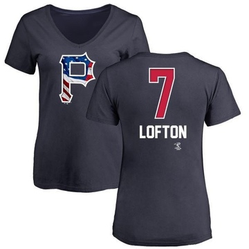 Women's Pittsburgh Pirates Kenny Lofton ＃7 Name and Number Banner Wave V-Neck T-Shirt - Navy