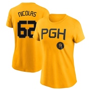 Women's Pittsburgh Pirates Kyle Nicolas ＃62 2023 City Connect Name & Number T-Shirt - Gold