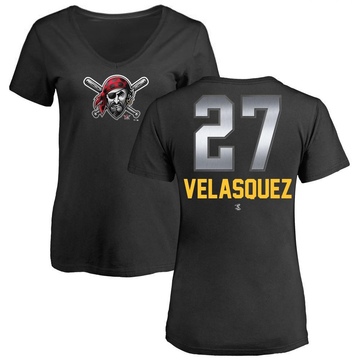 Women's Pittsburgh Pirates Vince Velasquez ＃27 Midnight Mascot V-Neck T-Shirt - Black