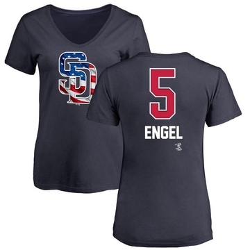 Women's San Diego Padres Adam Engel ＃5 Name and Number Banner Wave V-Neck T-Shirt - Navy