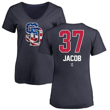 Women's San Diego Padres Alek Jacob ＃37 Name and Number Banner Wave V-Neck T-Shirt - Navy