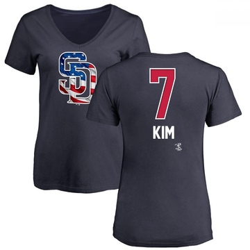 Women's San Diego Padres Ha-Seong Kim ＃7 Name and Number Banner Wave V-Neck T-Shirt - Navy