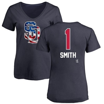 Women's San Diego Padres Ozzie Smith ＃1 Name and Number Banner Wave V-Neck T-Shirt - Navy