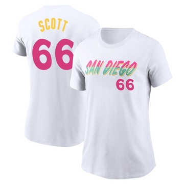 Women's San Diego Padres Tanner Scott ＃66 2022 City Connect Name & Number T-Shirt - White