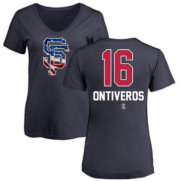 Women's San Francisco Giants Steve Ontiveros ＃16 Name and Number Banner Wave V-Neck T-Shirt - Navy