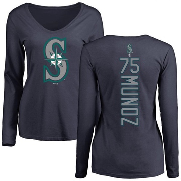 Women's Seattle Mariners Andres Munoz ＃75 Backer Slim Fit Long Sleeve T-Shirt - Navy