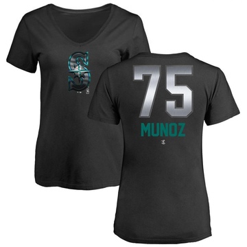 Women's Seattle Mariners Andres Munoz ＃75 Midnight Mascot V-Neck T-Shirt - Black