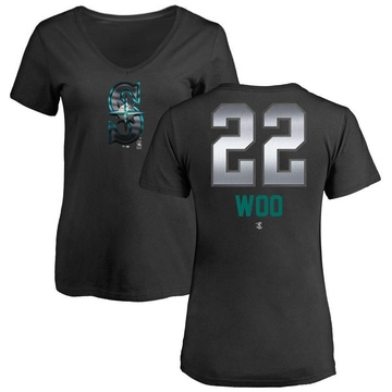 Women's Seattle Mariners Bryan Woo ＃22 Midnight Mascot V-Neck T-Shirt - Black