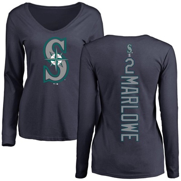 Women's Seattle Mariners Cade Marlowe ＃2 Backer Slim Fit Long Sleeve T-Shirt - Navy