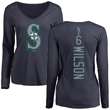 Women's Seattle Mariners Dan Wilson ＃6 Backer Slim Fit Long Sleeve T-Shirt - Navy