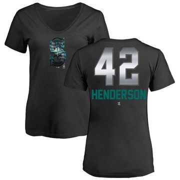 Women's Seattle Mariners Dave Henderson ＃42 Midnight Mascot V-Neck T-Shirt - Black