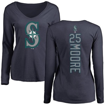 Women's Seattle Mariners Dylan Moore ＃25 Backer Slim Fit Long Sleeve T-Shirt - Navy