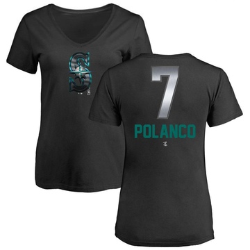 Women's Seattle Mariners Jorge Polanco ＃7 Midnight Mascot V-Neck T-Shirt - Black