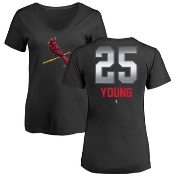 Women's St. Louis Cardinals Jared Young ＃25 Midnight Mascot V-Neck T-Shirt - Black