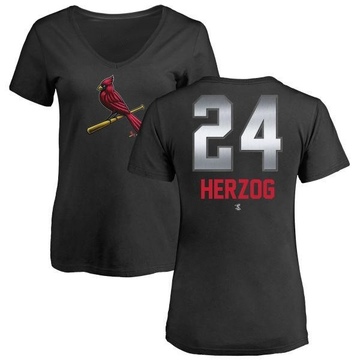 Women's St. Louis Cardinals Whitey Herzog ＃24 Midnight Mascot V-Neck T-Shirt - Black