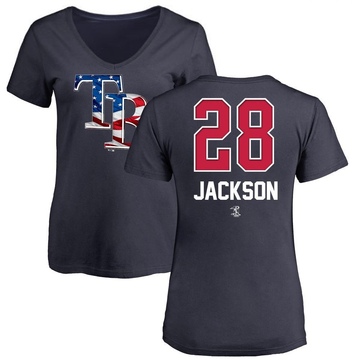 Women's Tampa Bay Rays Alex Jackson ＃28 Name and Number Banner Wave V-Neck T-Shirt - Navy
