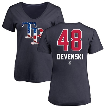 Women's Tampa Bay Rays Chris Devenski ＃48 Name and Number Banner Wave V-Neck T-Shirt - Navy