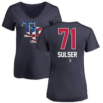 Women's Tampa Bay Rays Cole Sulser ＃71 Name and Number Banner Wave V-Neck T-Shirt - Navy