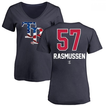 Women's Tampa Bay Rays Drew Rasmussen ＃57 Name and Number Banner Wave V-Neck T-Shirt - Navy