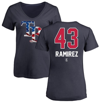 Women's Tampa Bay Rays Harold Ramirez ＃43 Name and Number Banner Wave V-Neck T-Shirt - Navy