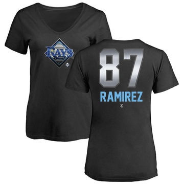 Women's Tampa Bay Rays Harold Ramirez ＃87 Midnight Mascot V-Neck T-Shirt - Black