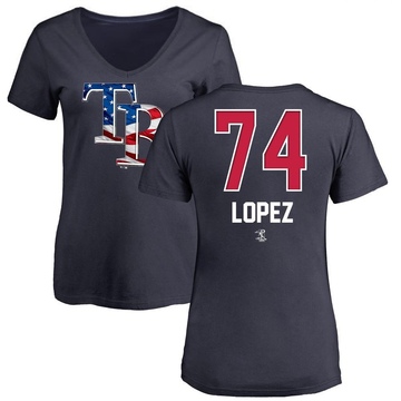 Women's Tampa Bay Rays Jacob Lopez ＃74 Name and Number Banner Wave V-Neck T-Shirt - Navy