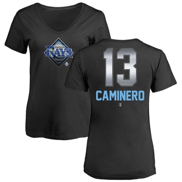 Women's Tampa Bay Rays Junior Caminero ＃13 Midnight Mascot V-Neck T-Shirt - Black