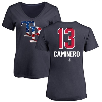 Women's Tampa Bay Rays Junior Caminero ＃13 Name and Number Banner Wave V-Neck T-Shirt - Navy