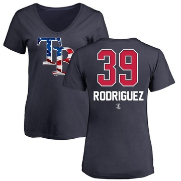Women's Tampa Bay Rays Manuel Rodriguez ＃39 Name and Number Banner Wave V-Neck T-Shirt - Navy
