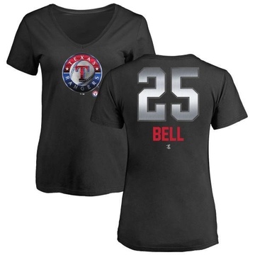 Women's Texas Rangers Buddy Bell ＃25 Midnight Mascot V-Neck T-Shirt - Black