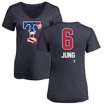 Women's Texas Rangers Josh Jung ＃6 Name and Number Banner Wave V-Neck T-Shirt - Navy