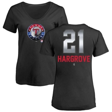 Women's Texas Rangers Mike Hargrove ＃21 Midnight Mascot V-Neck T-Shirt - Black