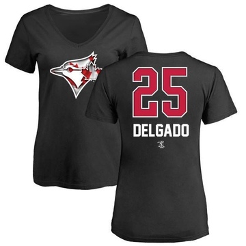 Women's Toronto Blue Jays Carlos Delgado ＃25 Name and Number Banner Wave V-Neck T-Shirt - Black