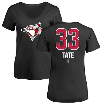 Women's Toronto Blue Jays Dillon Tate ＃33 Name and Number Banner Wave V-Neck T-Shirt - Black