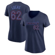 Women's Toronto Blue Jays Easton Lucas ＃62 2024 City Connect Name & Number V-Neck T-Shirt - Navy