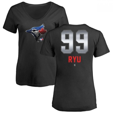 Women's Toronto Blue Jays Hyun Jin Ryu ＃99 Midnight Mascot V-Neck T-Shirt - Black