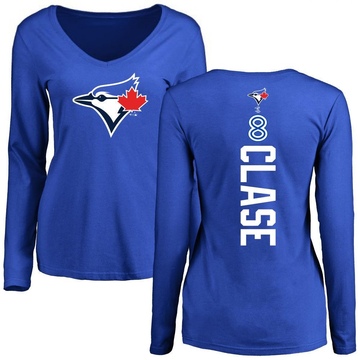 Women's Toronto Blue Jays Jonatan Clase ＃8 Backer Slim Fit Long Sleeve T-Shirt - Royal