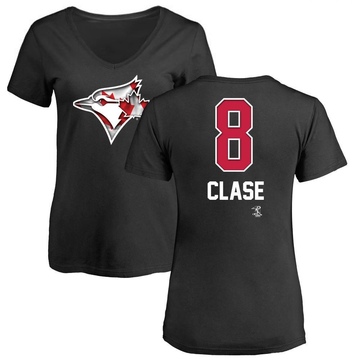 Women's Toronto Blue Jays Jonatan Clase ＃8 Name and Number Banner Wave V-Neck T-Shirt - Black