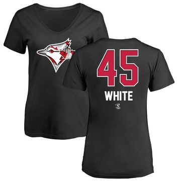 Women's Toronto Blue Jays Mitch White ＃45 Name and Number Banner Wave V-Neck T-Shirt - Black