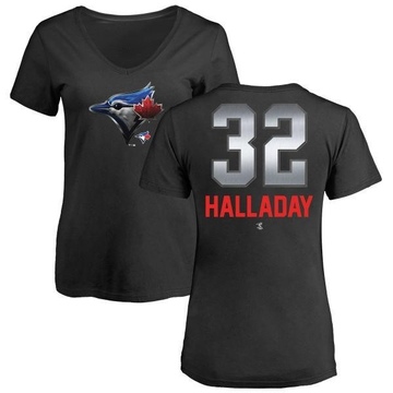 Women's Toronto Blue Jays Roy Halladay ＃32 Midnight Mascot V-Neck T-Shirt - Black