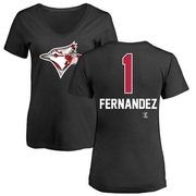 Women's Toronto Blue Jays Tony Fernandez ＃1 Name and Number Banner Wave V-Neck T-Shirt - Black