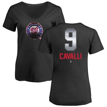 Women's Washington Nationals Cade Cavalli ＃9 Midnight Mascot V-Neck T-Shirt - Black