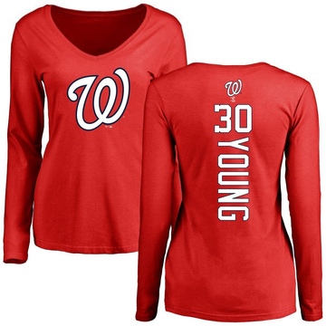 Women's Washington Nationals Jacob Young ＃30 Backer Slim Fit Long Sleeve T-Shirt - Red