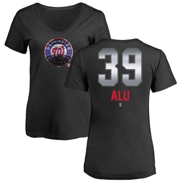 Women's Washington Nationals Jake Alu ＃39 Midnight Mascot V-Neck T-Shirt - Black