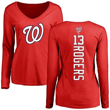 Women's Washington Nationals Josh Rogers ＃13 Backer Slim Fit Long Sleeve T-Shirt - Red