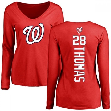 Women's Washington Nationals Lane Thomas ＃28 Backer Slim Fit Long Sleeve T-Shirt - Red